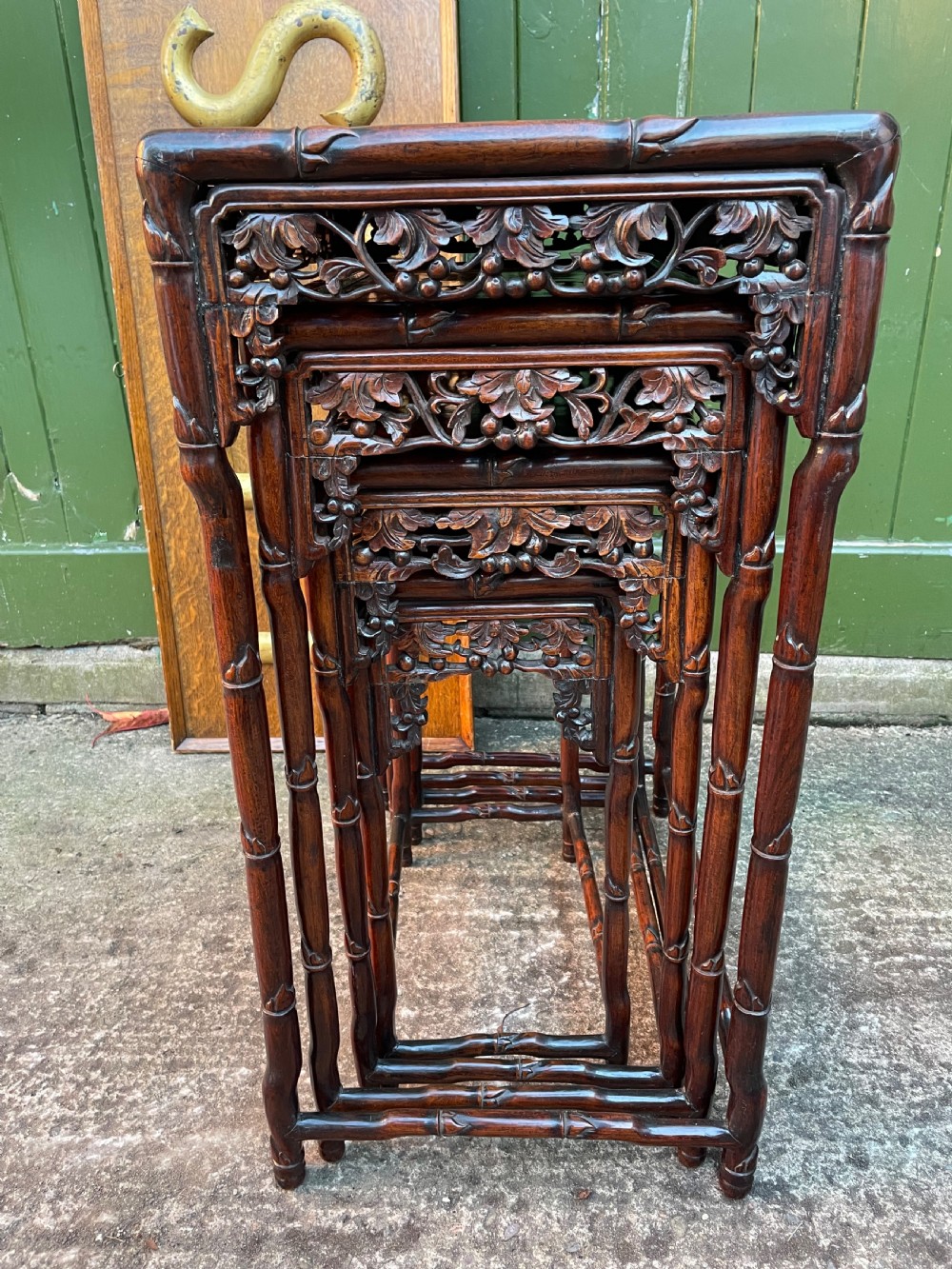 Superior quality late C19th Chinese Qing Dynasty carved hardwood quartetto or nest of tables. View XIX