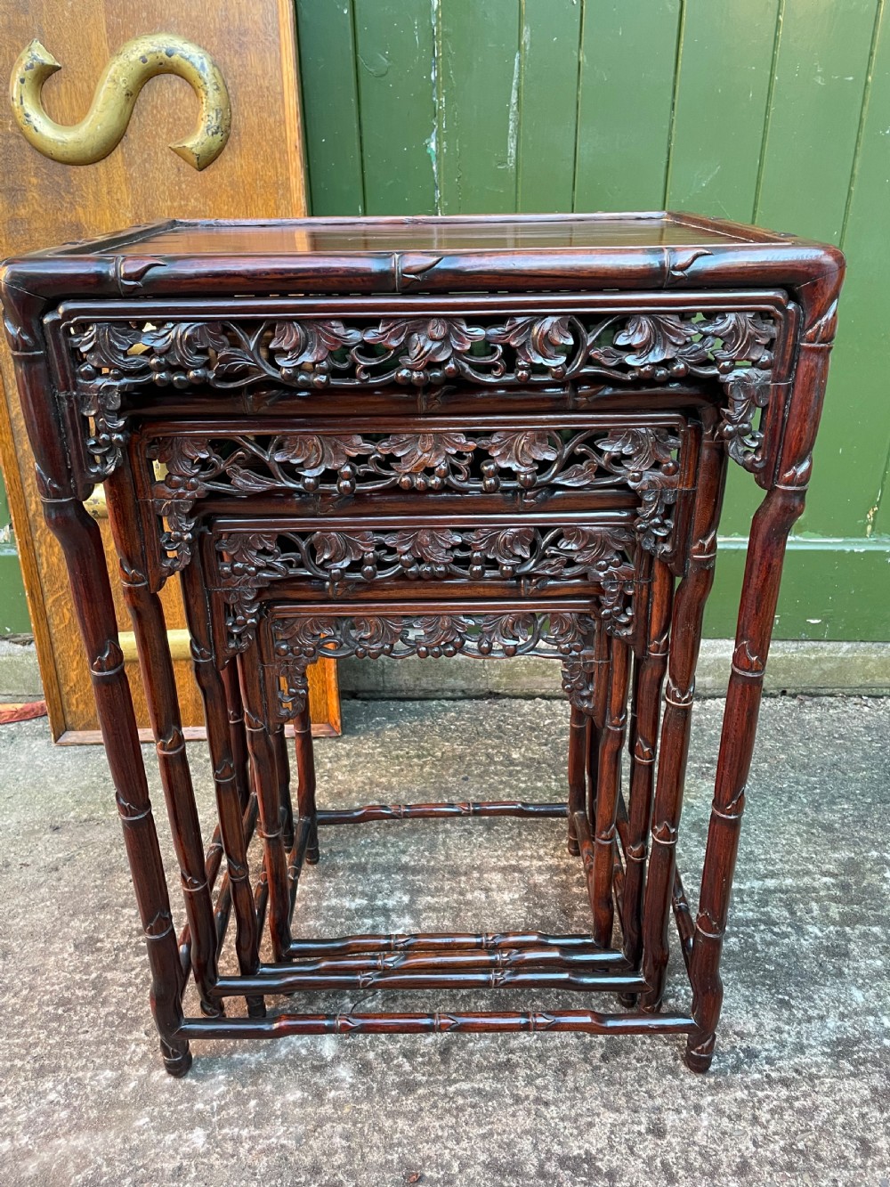 Superior quality late C19th Chinese Qing Dynasty carved hardwood quartetto or nest of tables. View XX