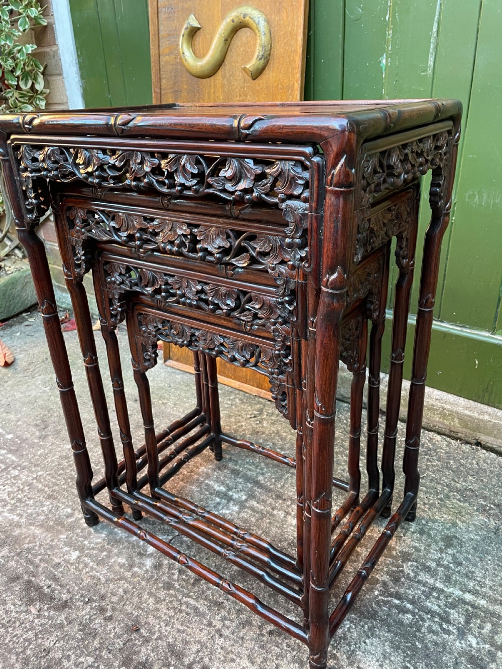 Superior quality late C19th Chinese Qing Dynasty carved hardwood quartetto or nest of tables. View XXI