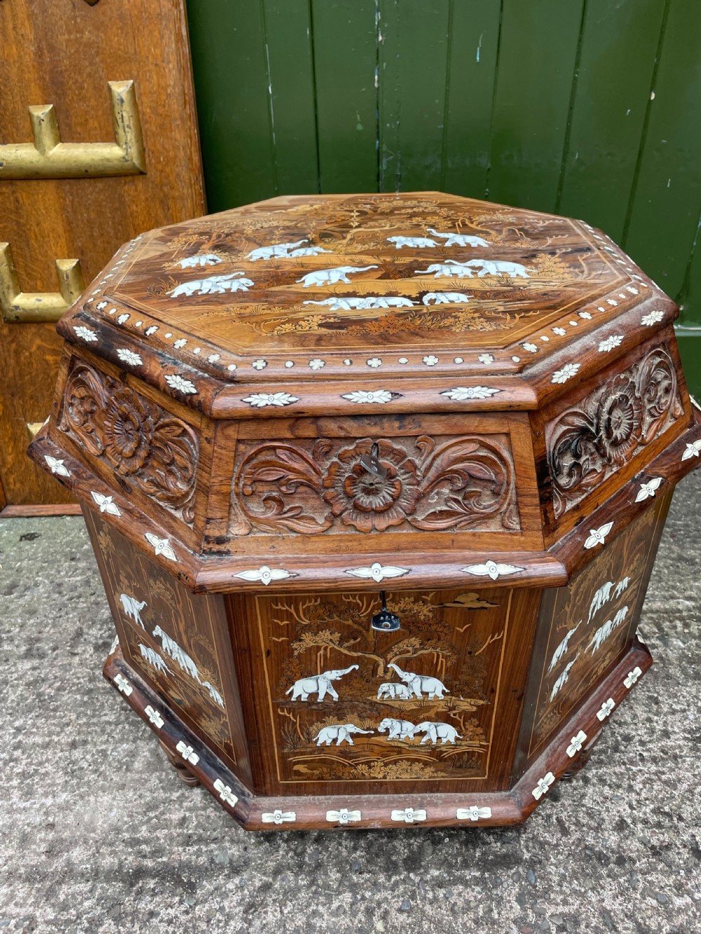 Highly decorative early C20th Indian carved rosewood and bone-inlaid ottoman box 