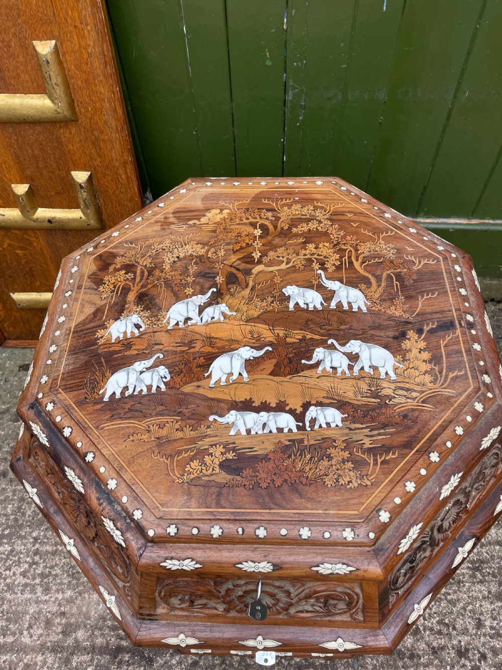 Highly decorative early C20th Indian carved rosewood and bone-inlaid ottoman box  View II