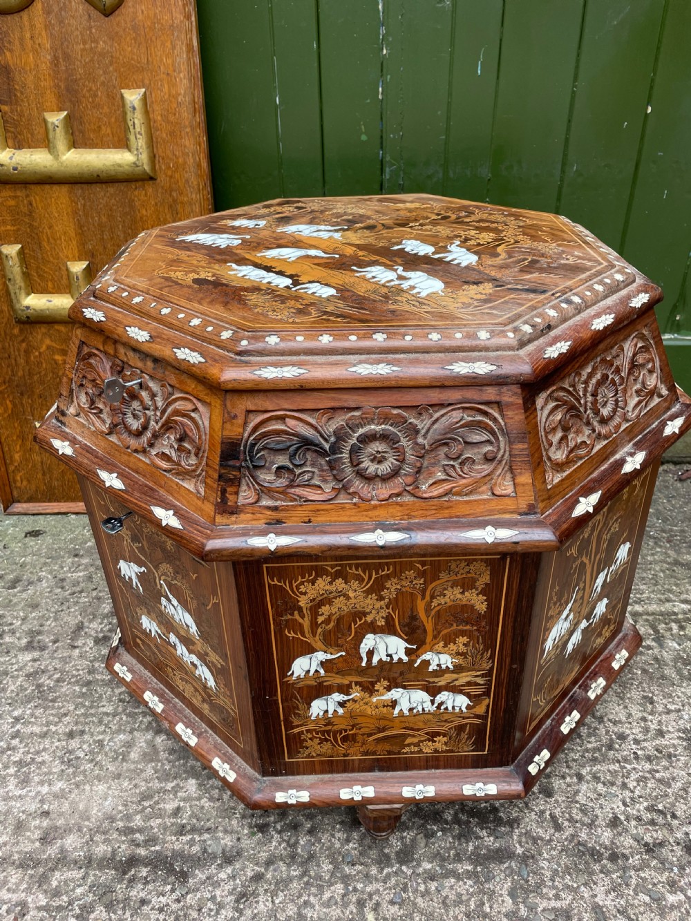 Highly decorative early C20th Indian carved rosewood and bone-inlaid ottoman box  View III