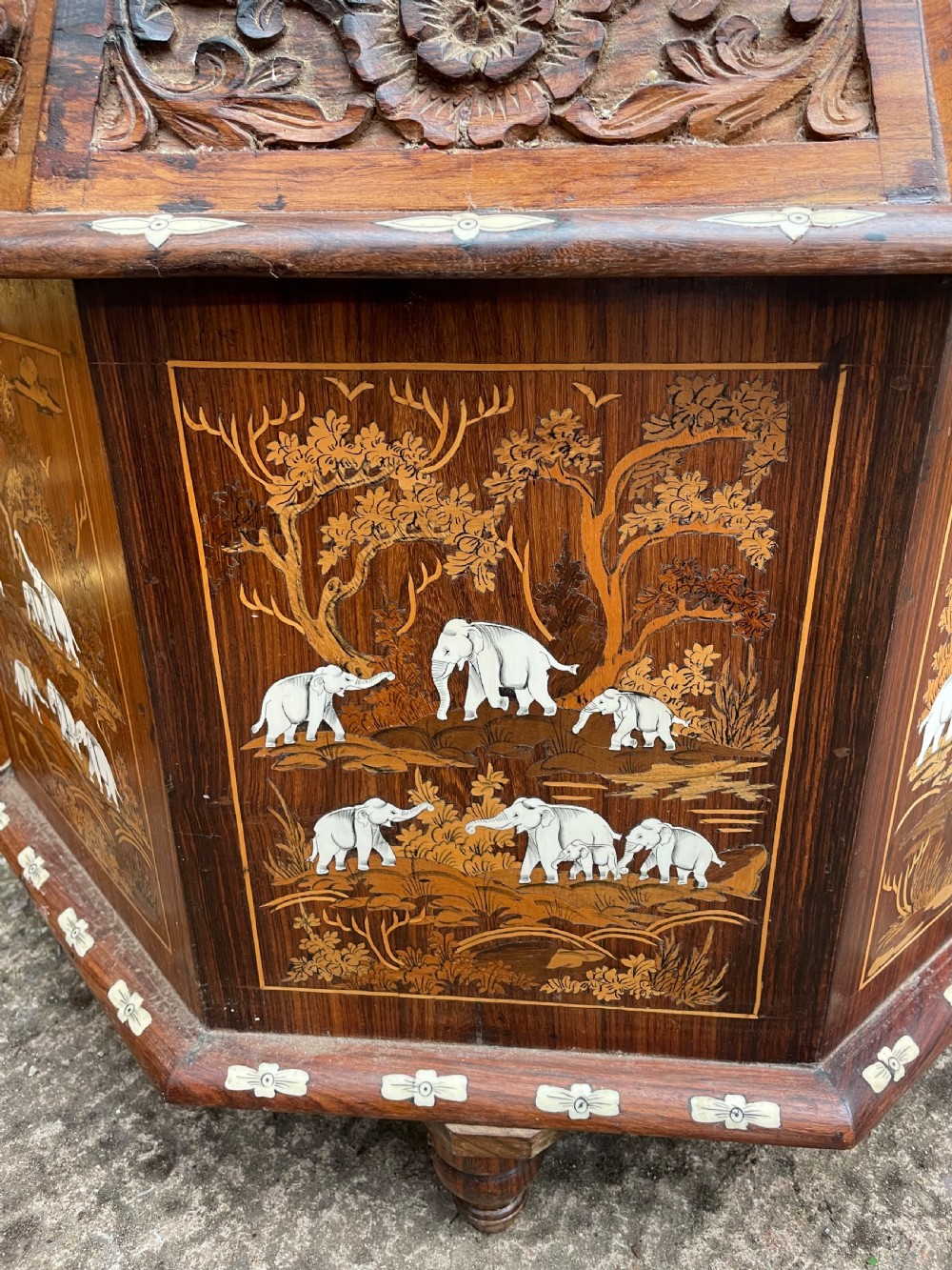 Highly decorative early C20th Indian carved rosewood and bone-inlaid ottoman box  View XII