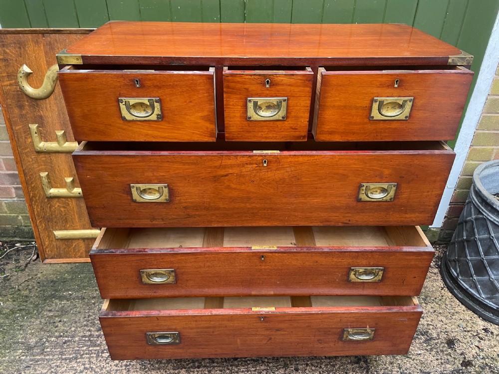 Mid C19th brass-bound mahogany military officer’s campaign chest of drawers . View X