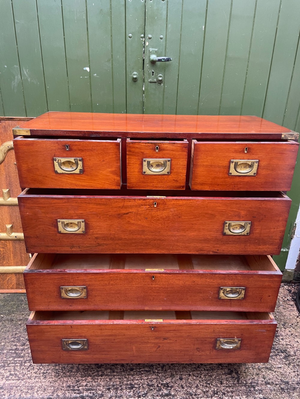 Mid C19th brass-bound mahogany military officer’s campaign chest of drawers . View XI