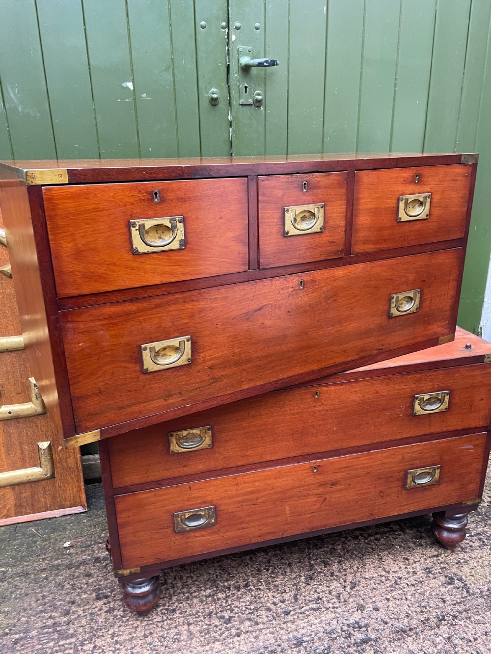 Mid C19th brass-bound mahogany military officer’s campaign chest of drawers . View XVI