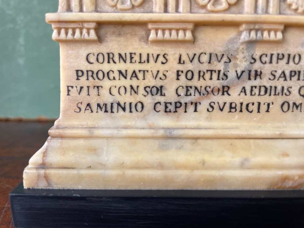 Fine early C19th Italian ‘Grand Tour’ souvenir carved giallo antico marble reduction of the sarcophagus of Lucius Cornelius Scipio Barbatus. View VII