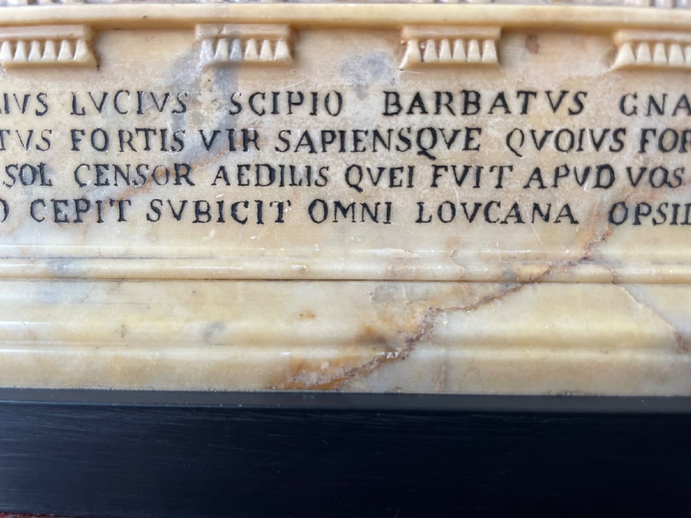 Fine early C19th Italian ‘Grand Tour’ souvenir carved giallo antico marble reduction of the sarcophagus of Lucius Cornelius Scipio Barbatus. View VIII