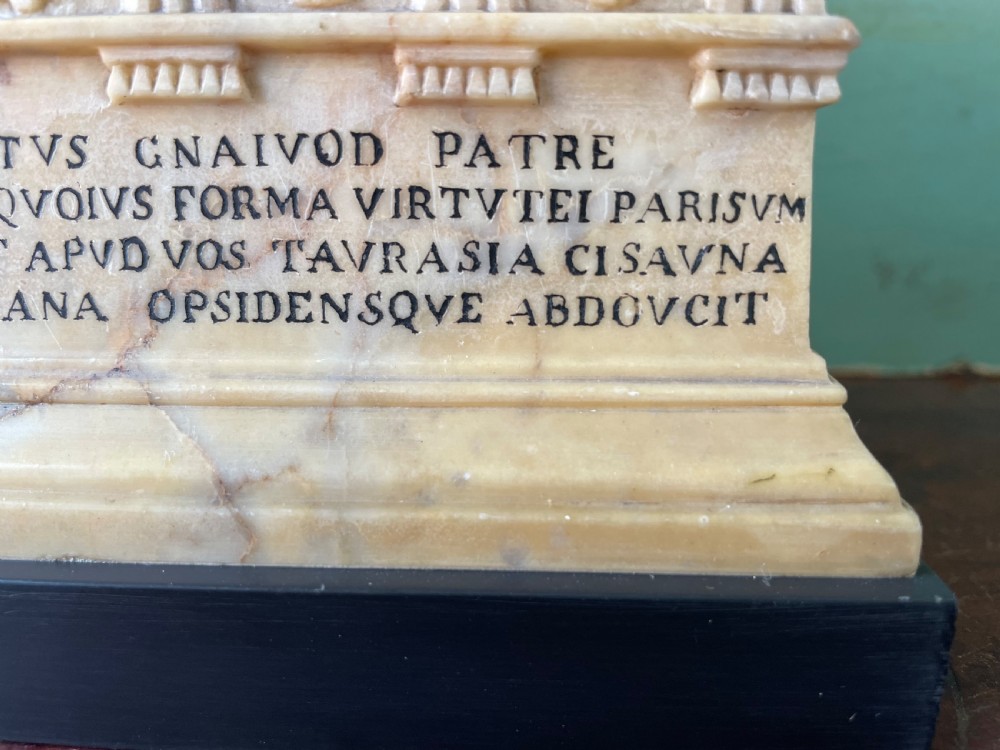 Fine early C19th Italian ‘Grand Tour’ souvenir carved giallo antico marble reduction of the sarcophagus of Lucius Cornelius Scipio Barbatus. View IX