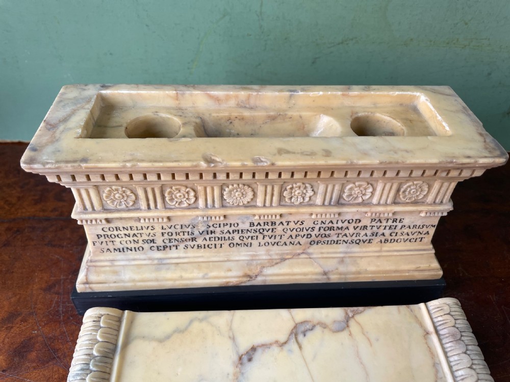 Fine early C19th Italian ‘Grand Tour’ souvenir carved giallo antico marble reduction of the sarcophagus of Lucius Cornelius Scipio Barbatus. View XI