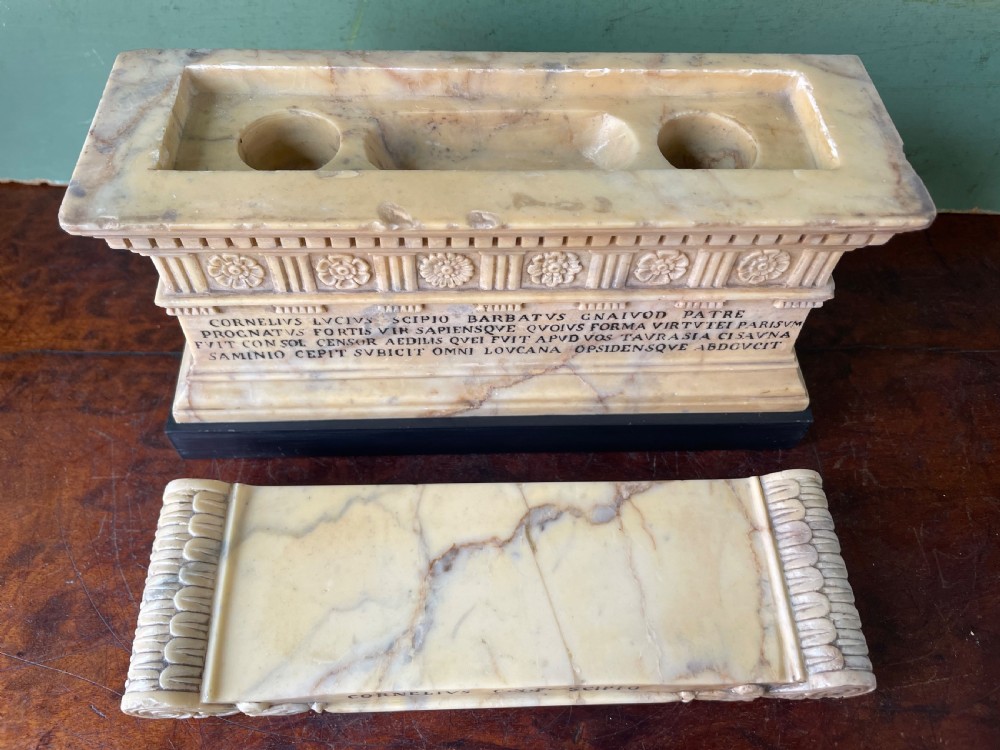 Fine early C19th Italian ‘Grand Tour’ souvenir carved giallo antico marble reduction of the sarcophagus of Lucius Cornelius Scipio Barbatus. View XII