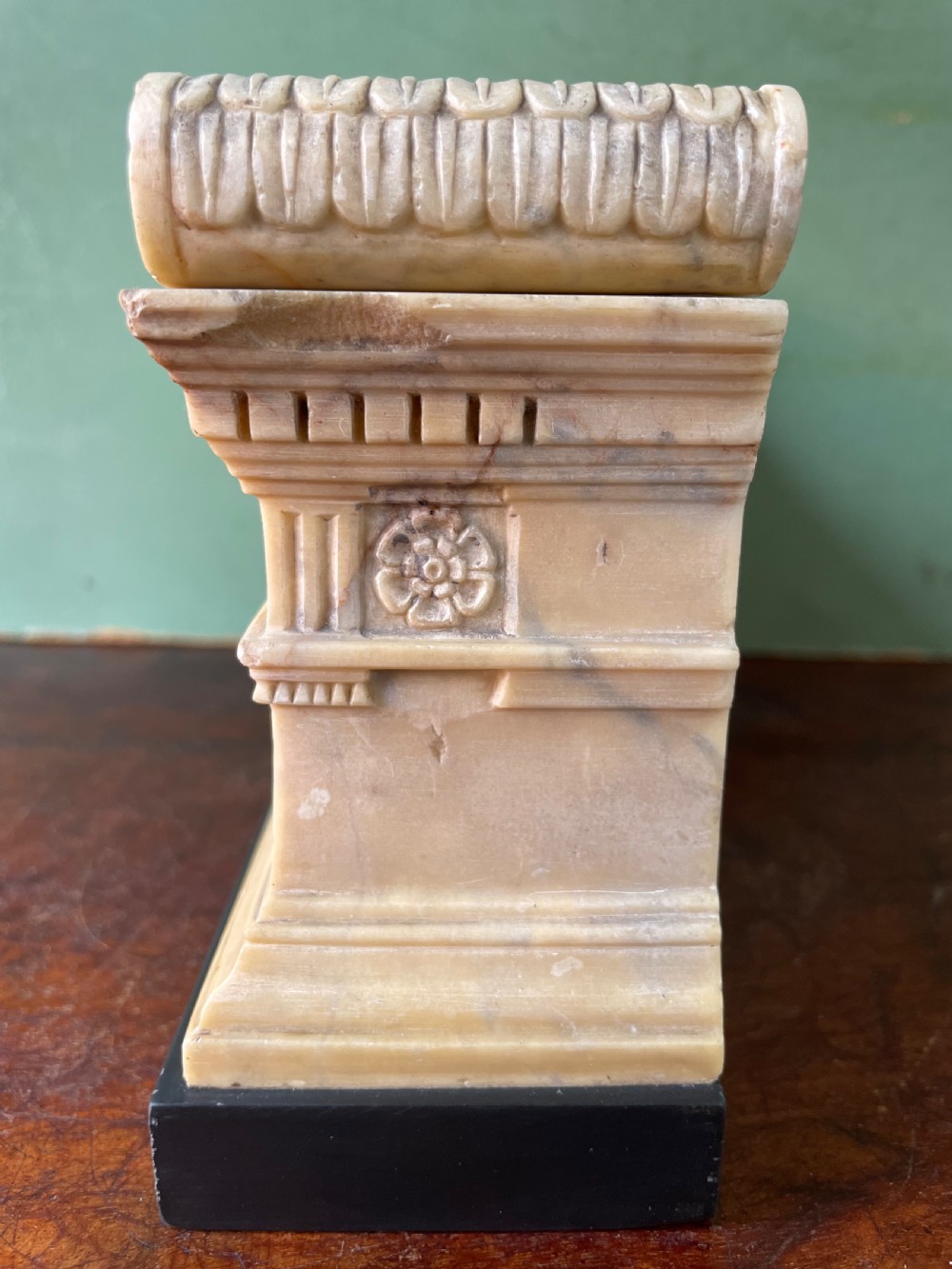 Fine early C19th Italian ‘Grand Tour’ souvenir carved giallo antico marble reduction of the sarcophagus of Lucius Cornelius Scipio Barbatus. View XIV