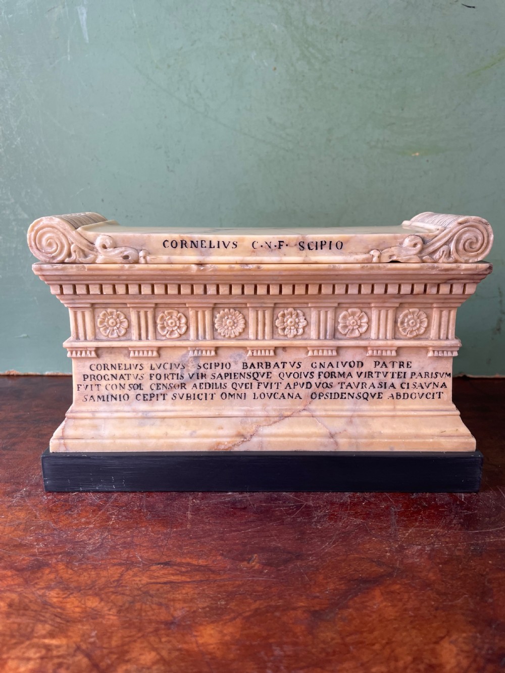 Fine early C19th Italian ‘Grand Tour’ souvenir carved giallo antico marble reduction of the sarcophagus of Lucius Cornelius Scipio Barbatus. View XVII