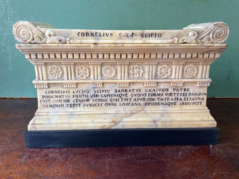 Fine early C19th Italian ‘Grand Tour’ souvenir carved giallo antico marble reduction of the sarcophagus of Lucius Cornelius Scipio Barbatus. View XVIII