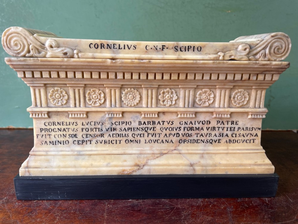 Fine early C19th Italian ‘Grand Tour’ souvenir carved giallo antico marble reduction of the sarcophagus of Lucius Cornelius Scipio Barbatus. View XIX