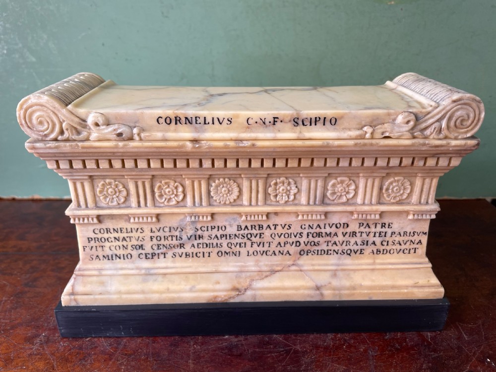 Fine early C19th Italian ‘Grand Tour’ souvenir carved giallo antico marble reduction of the sarcophagus of Lucius Cornelius Scipio Barbatus. View XX