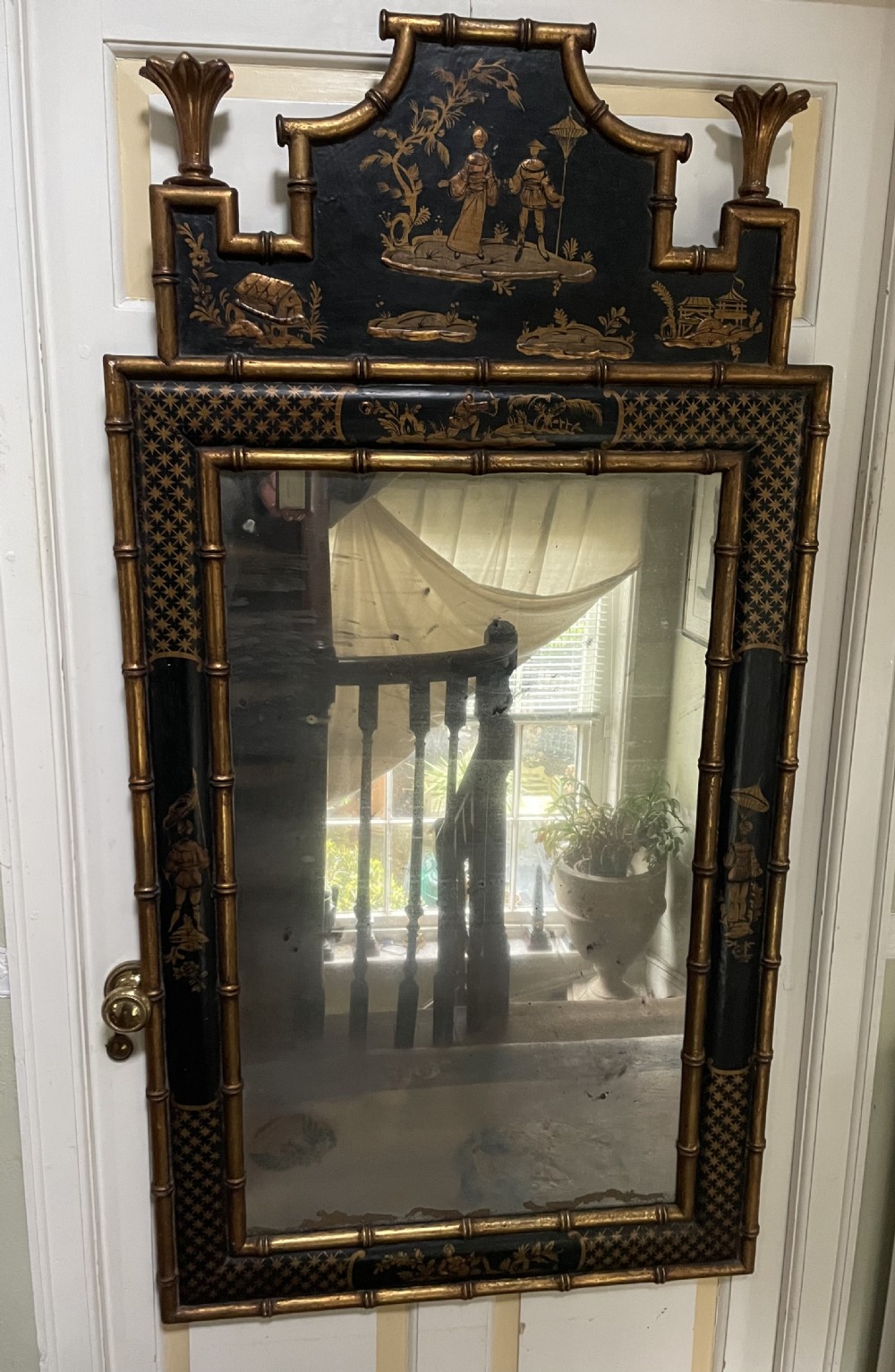 Highly decorative early C20th Chinoiserie style black lacquer and gilt carved ‘faux bamboo’ framed wall mirror . View V