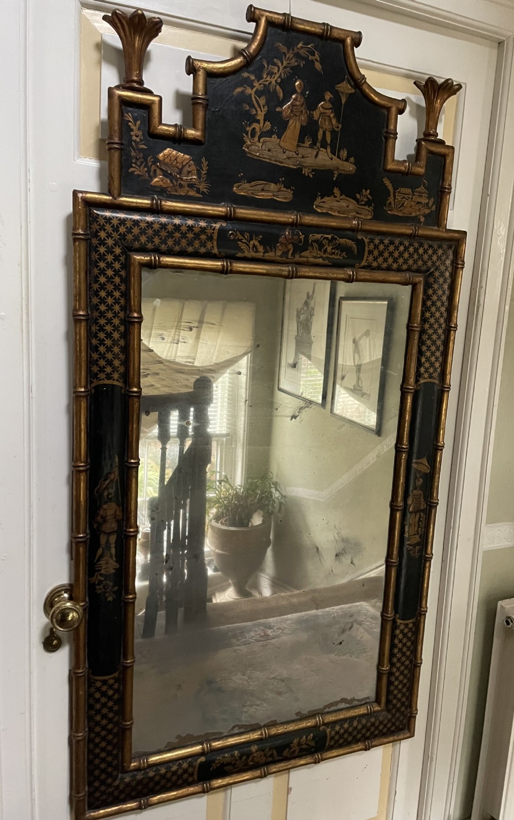 Highly decorative early C20th Chinoiserie style black lacquer and gilt carved ‘faux bamboo’ framed wall mirror . View IX