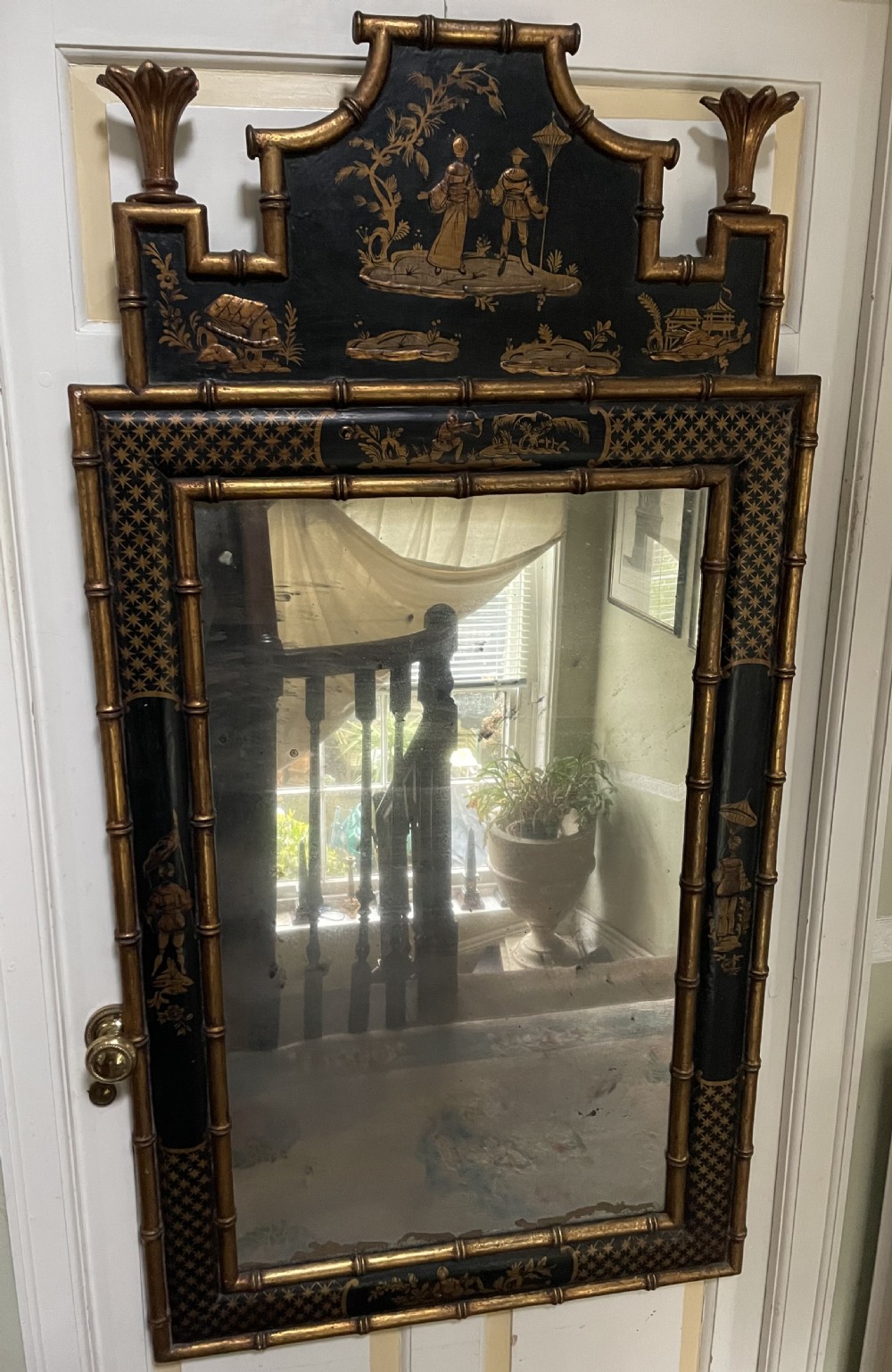 Highly decorative early C20th Chinoiserie style black lacquer and gilt carved ‘faux bamboo’ framed wall mirror . View X