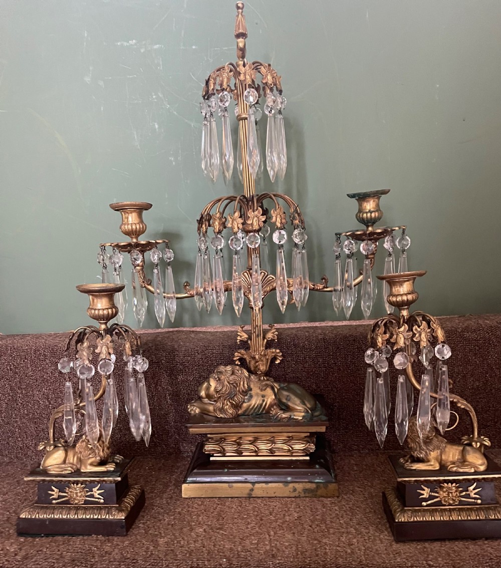 Late C19th French bronze and ormolu garniture of candelabras of Empire design . View II
