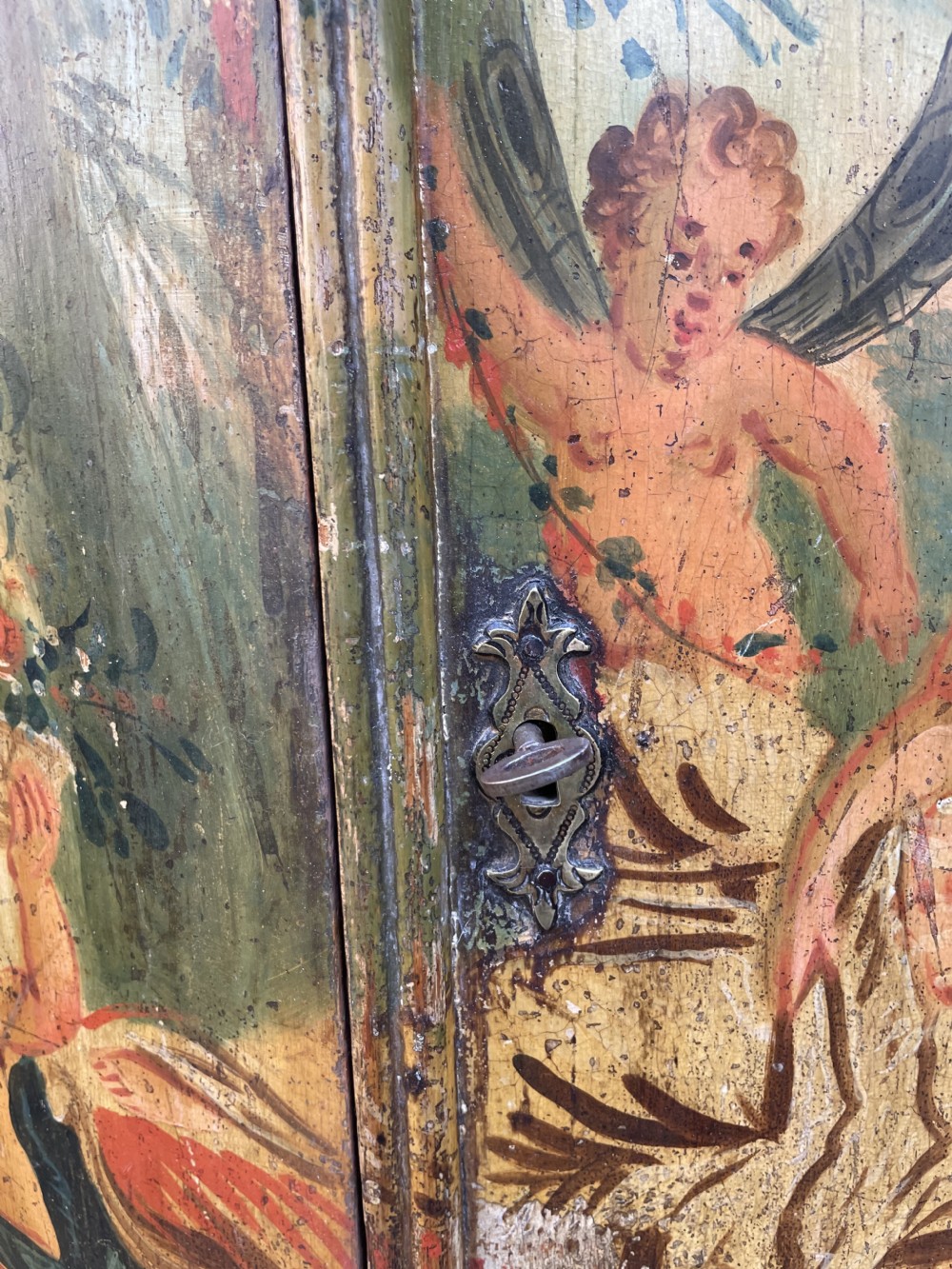 Late C18th Dutch polychrome paint decorated hanging bow-front corner cupboard . View V