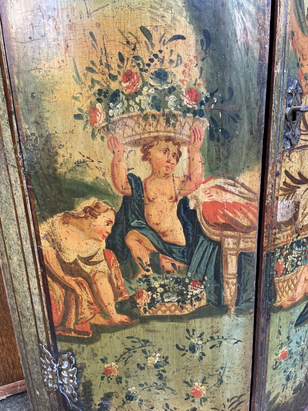 Late C18th Dutch polychrome paint decorated hanging bow-front corner cupboard . View IX