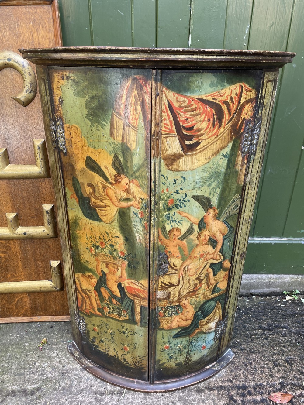 Late C18th Dutch polychrome paint decorated hanging bow-front corner cupboard . View X