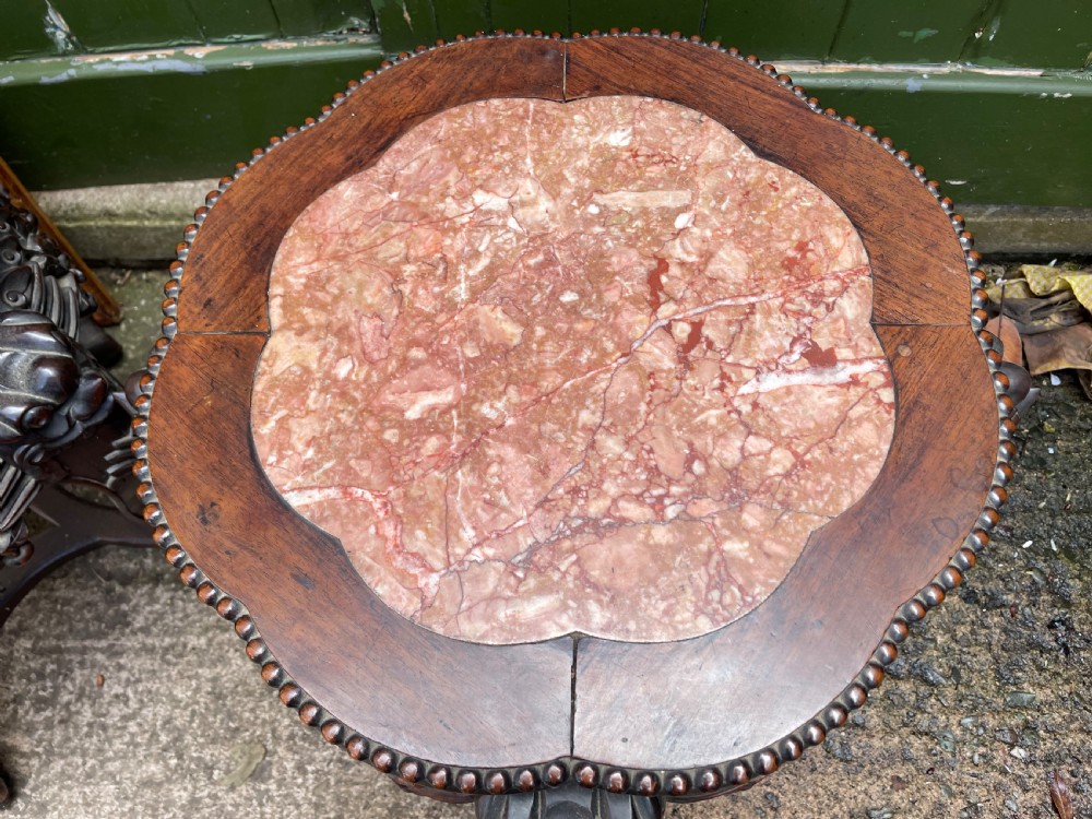 Pair of late C19th Chinese Qing Dynasty carved hardwood inset marble -top low tables or jardiniere stands . View IX