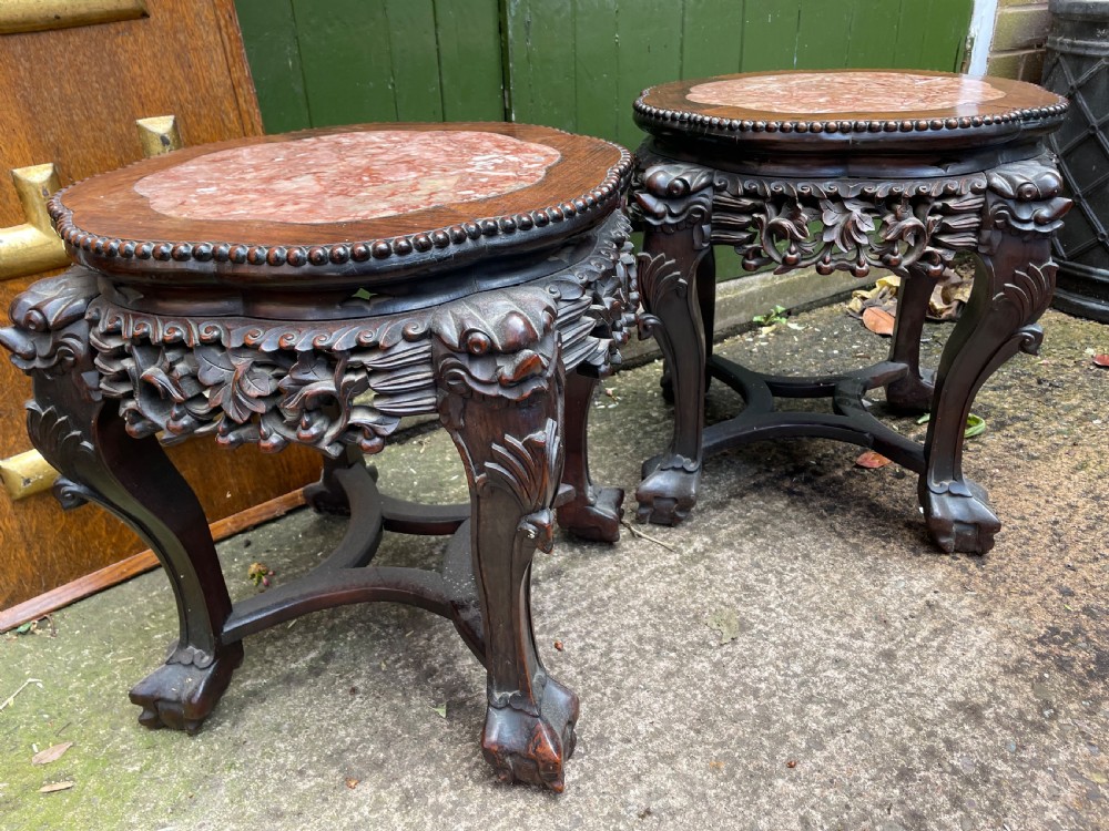 Pair of late C19th Chinese Qing Dynasty carved hardwood inset marble -top low tables or jardiniere stands . View XI