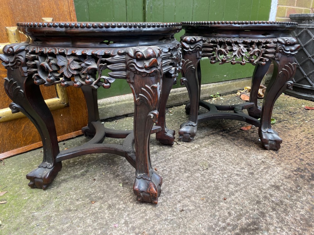 Pair of late C19th Chinese Qing Dynasty carved hardwood inset marble -top low tables or jardiniere stands . View XII