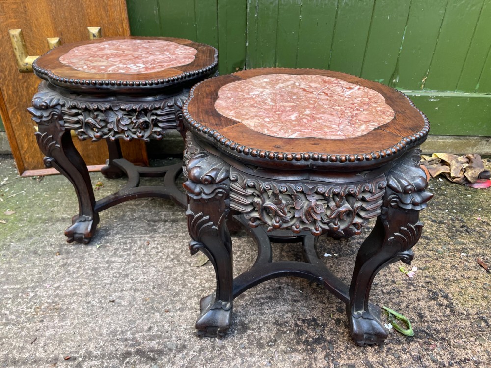 Pair of late C19th Chinese Qing Dynasty carved hardwood inset marble -top low tables or jardiniere stands . View XIII