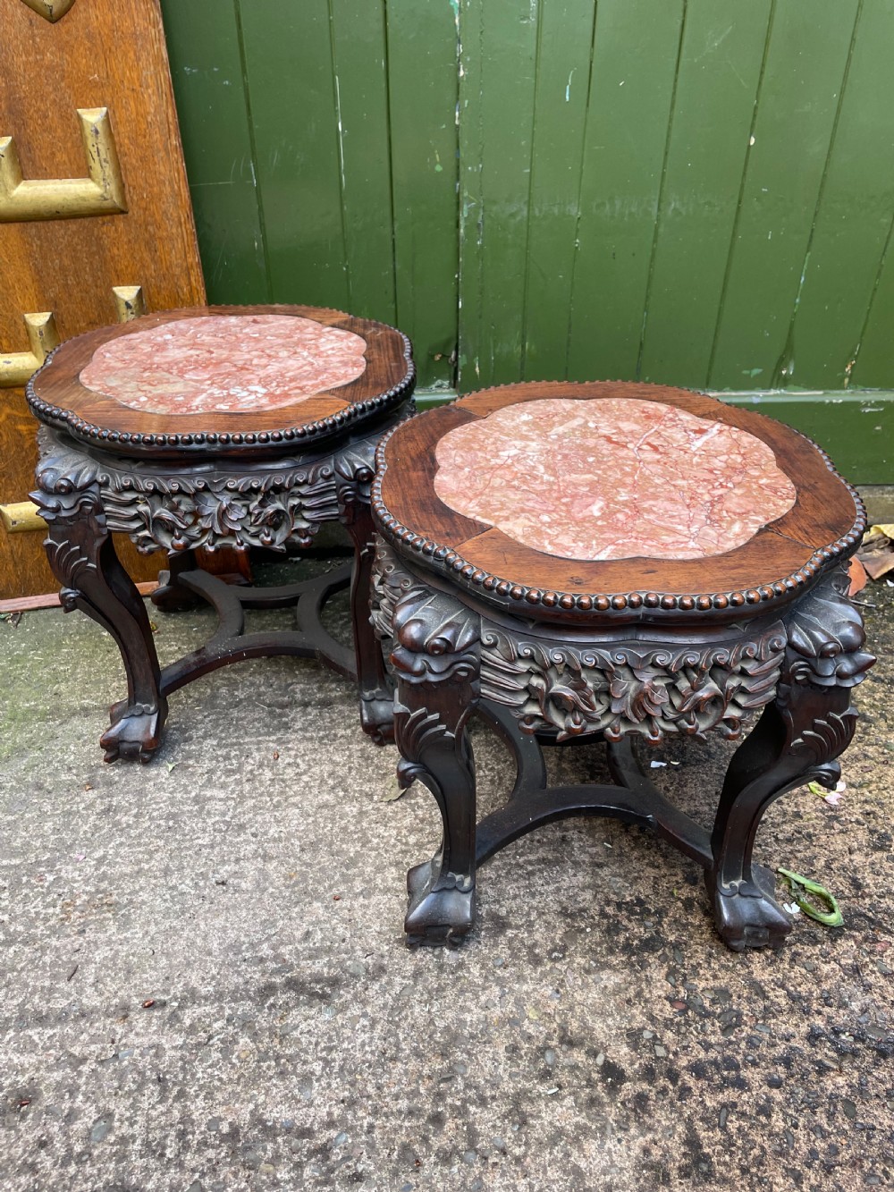 Pair of late C19th Chinese Qing Dynasty carved hardwood inset marble -top low tables or jardiniere stands . View XIV