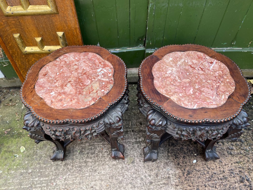 Pair of late C19th Chinese Qing Dynasty carved hardwood inset marble -top low tables or jardiniere stands . View V