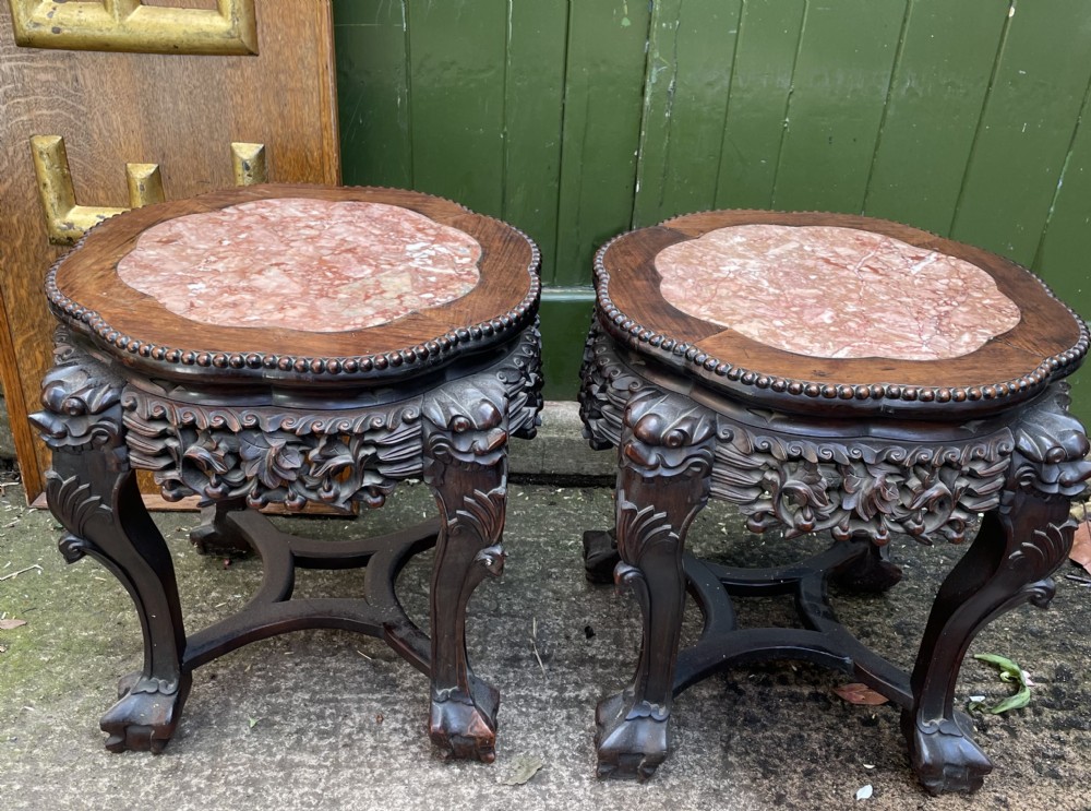 Pair of late C19th Chinese Qing Dynasty carved hardwood inset marble -top low tables or jardiniere stands . View II