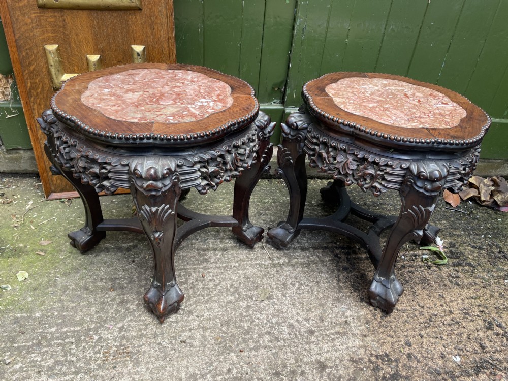 Pair of late C19th Chinese Qing Dynasty carved hardwood inset marble -top low tables or jardiniere stands . View VIII
