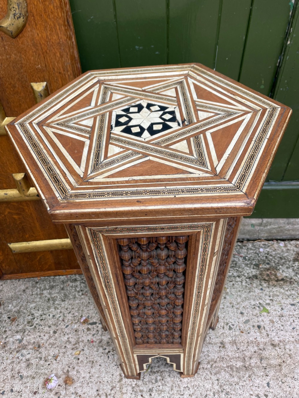 Late C19th / early C20th Syrian hexagonal bone-inlaid table . View II