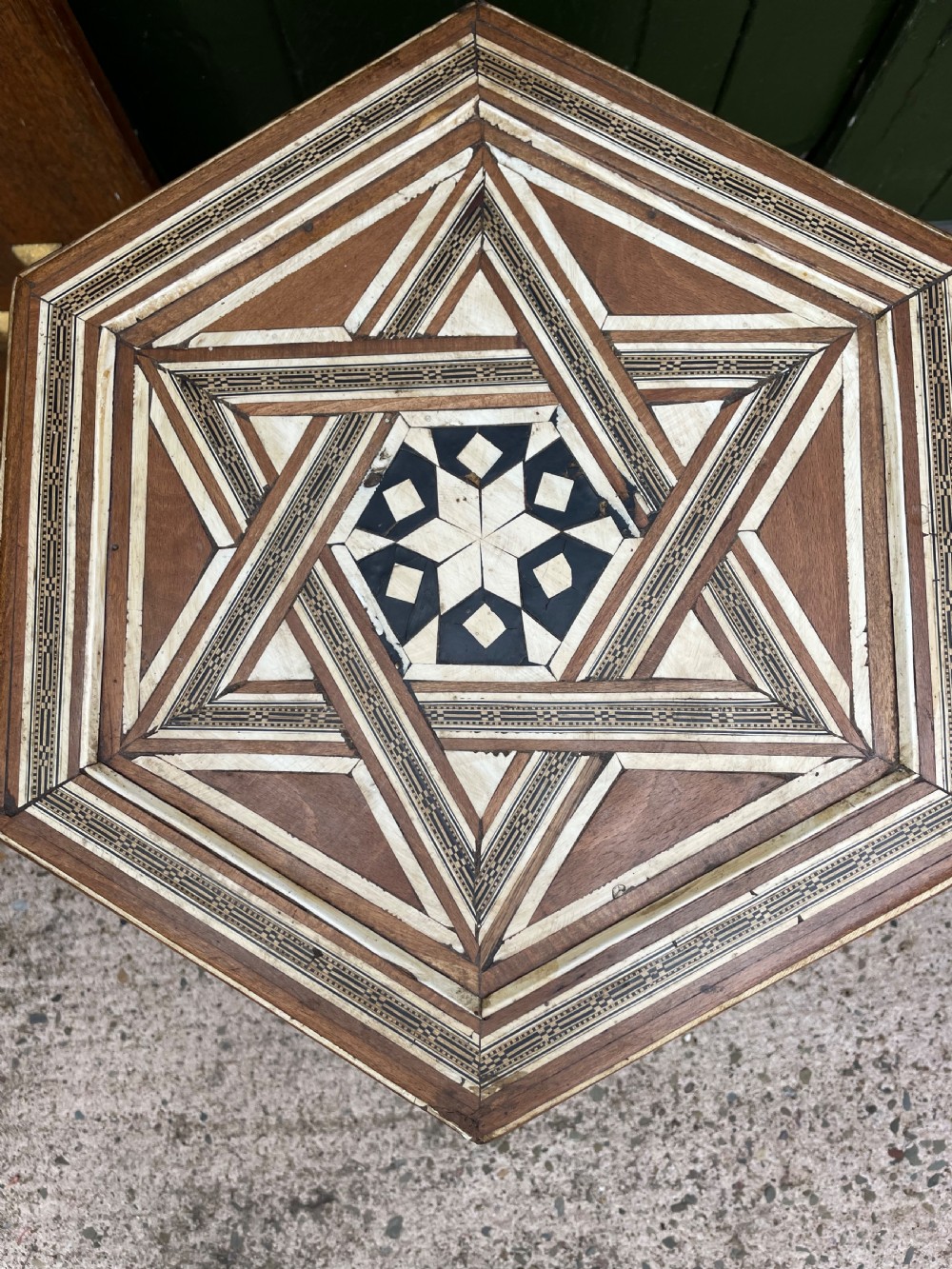 Late C19th / early C20th Syrian hexagonal bone-inlaid table . View V