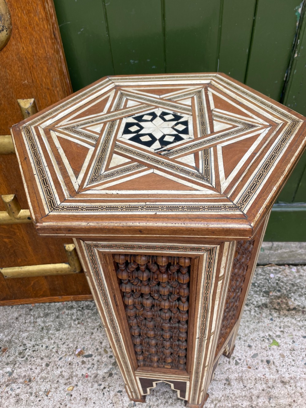 Late C19th / early C20th Syrian hexagonal bone-inlaid table . View X