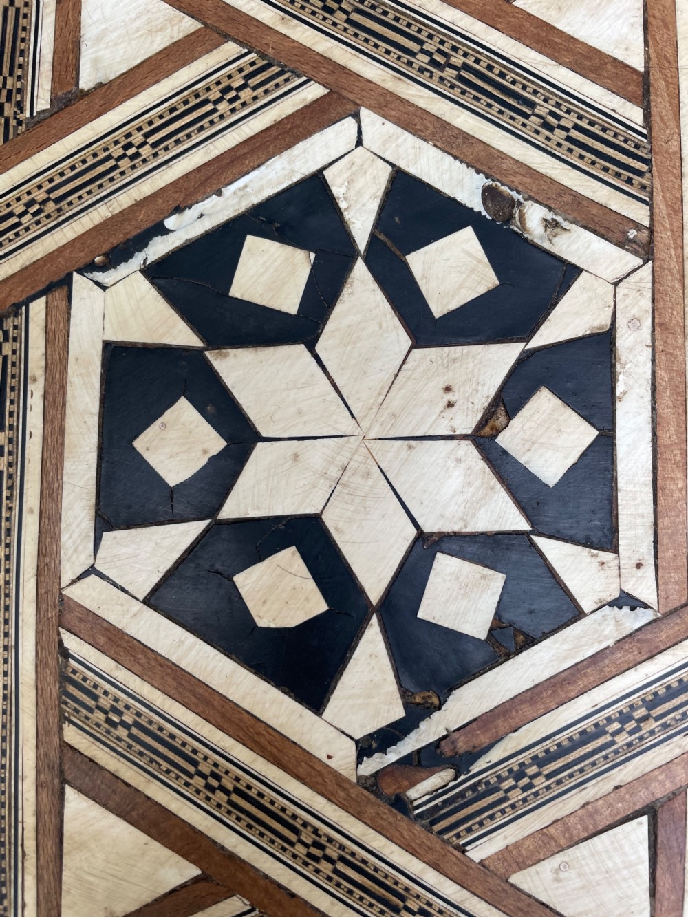 Late C19th / early C20th Syrian hexagonal bone-inlaid table . View XIII