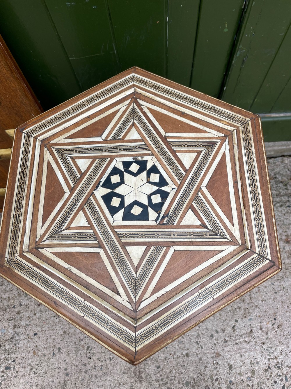 Late C19th / early C20th Syrian hexagonal bone-inlaid table . View XVI