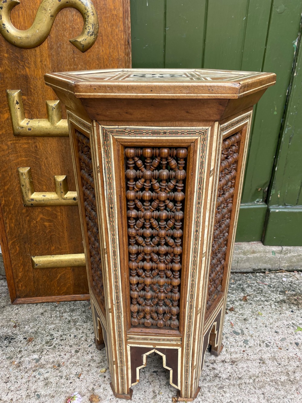 Late C19th / early C20th Syrian hexagonal bone-inlaid table . View XVII