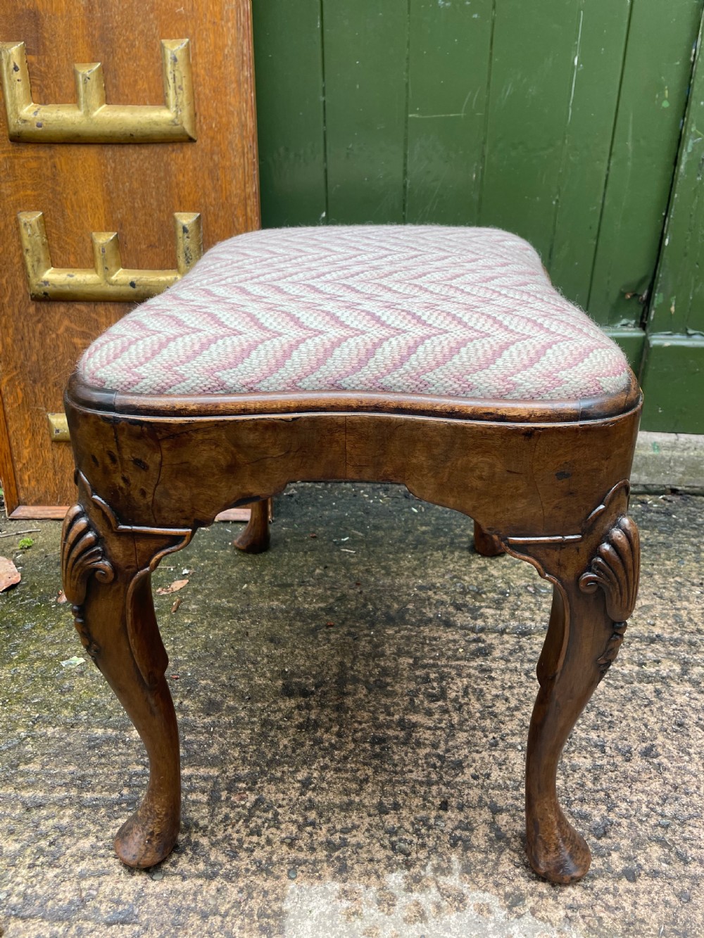 Early C20th Queen Anne period revival carved walnut stool on cabriole legs . View III