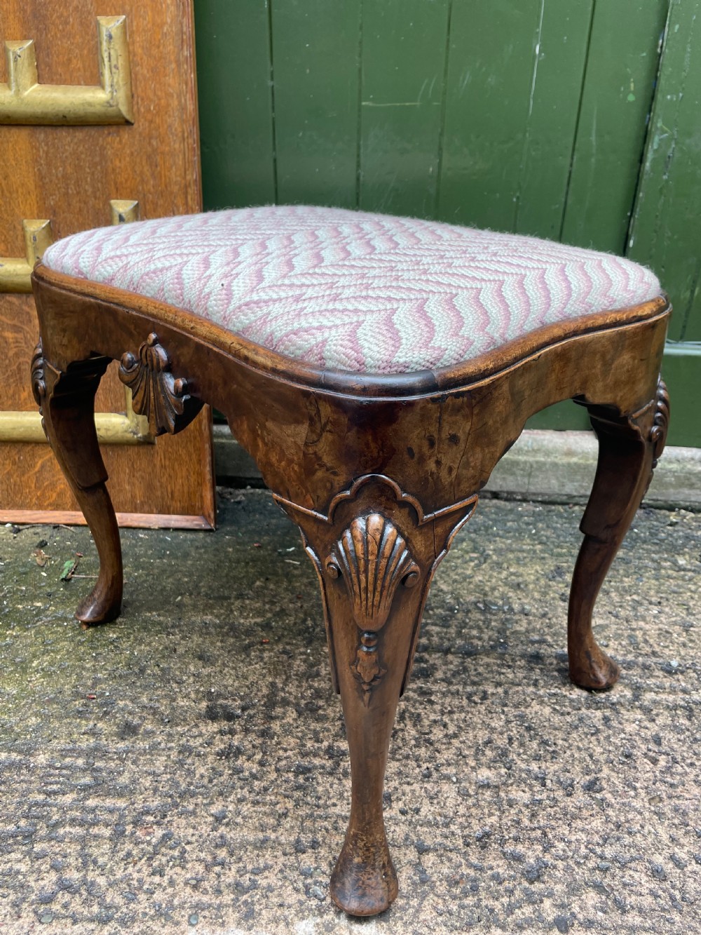 Early C20th Queen Anne period revival carved walnut stool on cabriole legs . View V