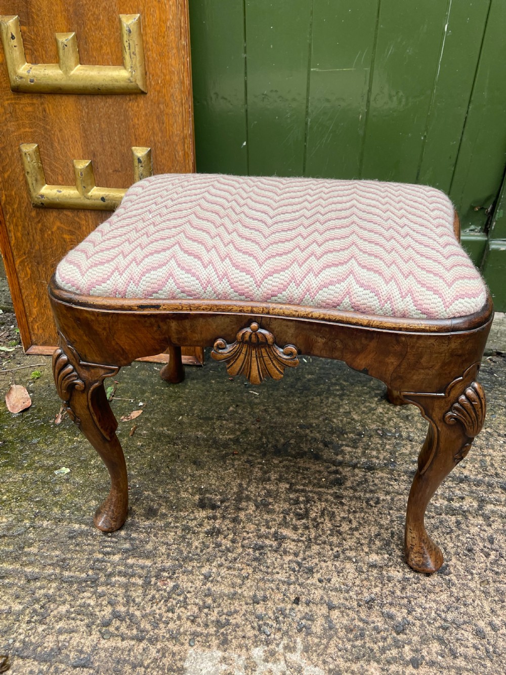 Early C20th Queen Anne period revival carved walnut stool on cabriole legs . View VI