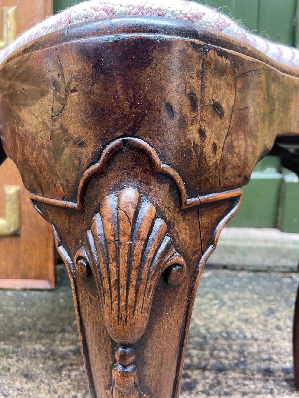 Early C20th Queen Anne period revival carved walnut stool on cabriole legs . View VII
