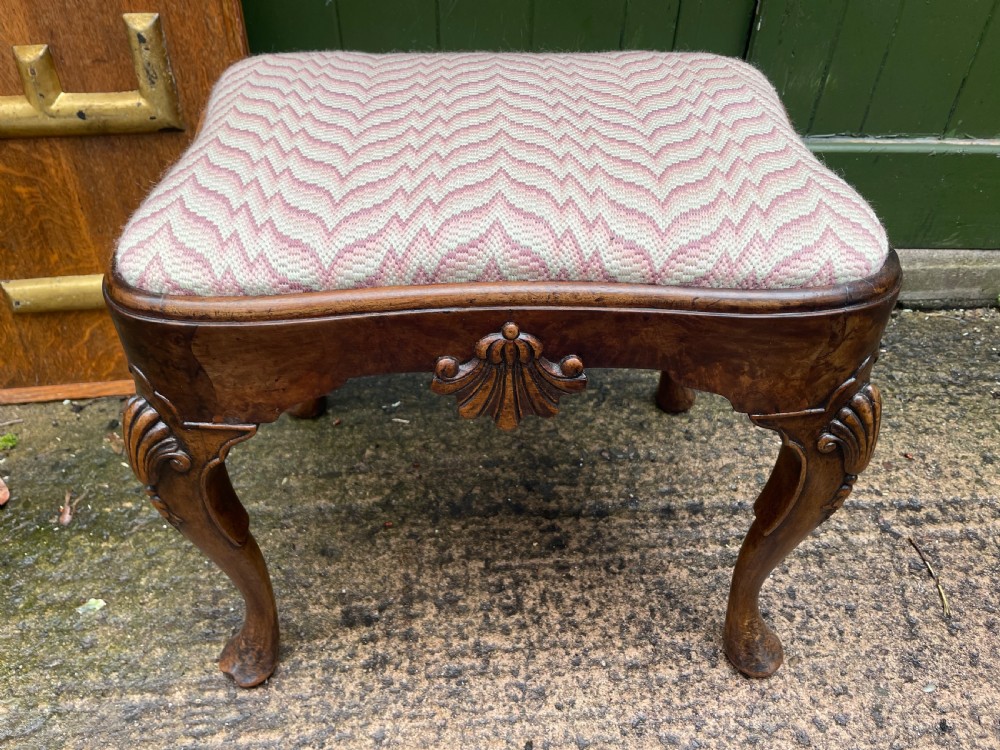 Early C20th Queen Anne period revival carved walnut stool on cabriole legs . View VIII