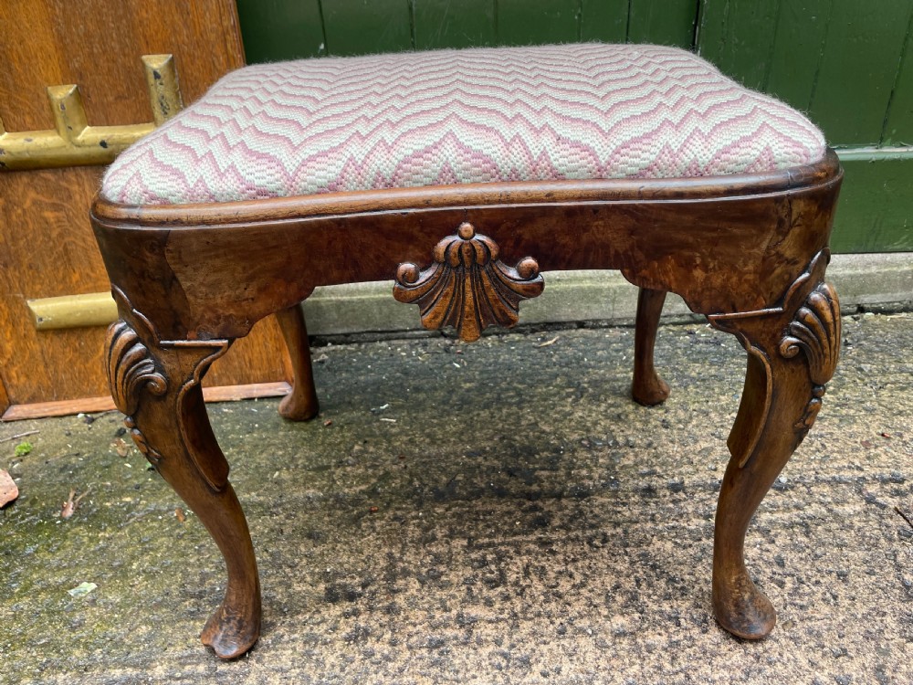 Early C20th Queen Anne period revival carved walnut stool on cabriole legs . View X