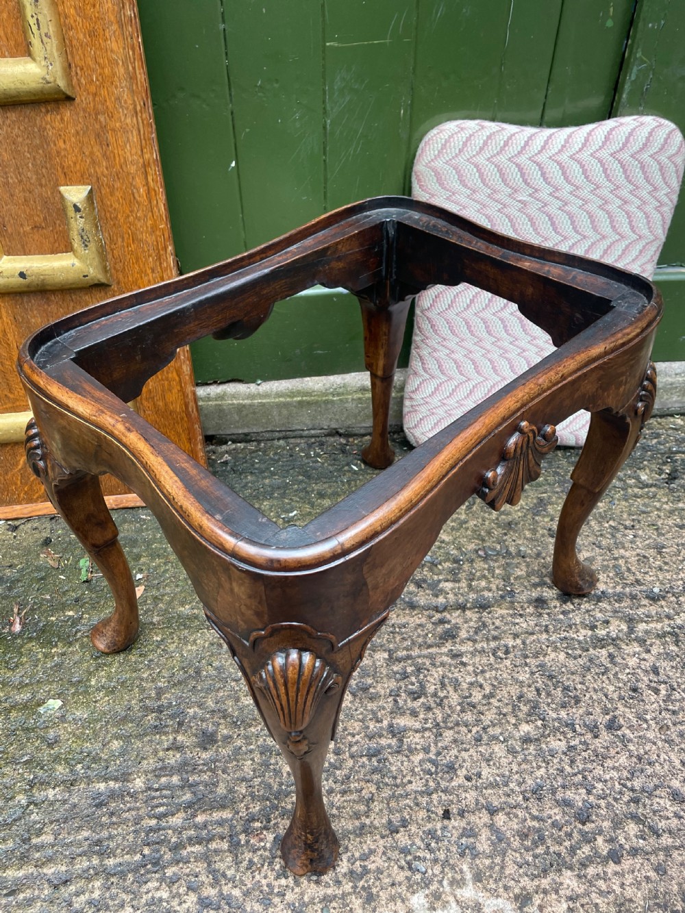 Early C20th Queen Anne period revival carved walnut stool on cabriole legs . View XI
