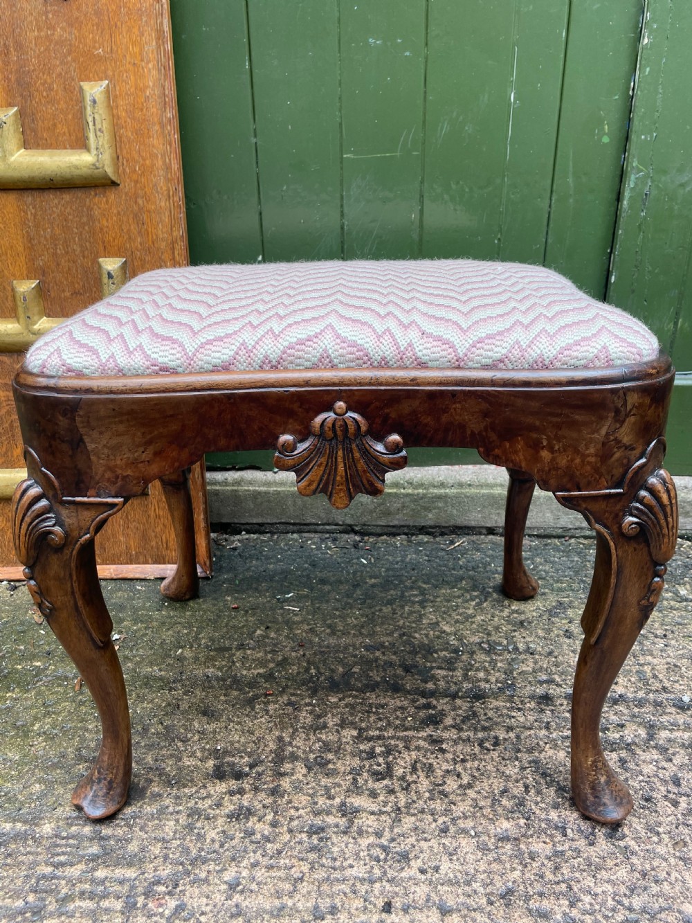 Early C20th Queen Anne period revival carved walnut stool on cabriole legs . View XII
