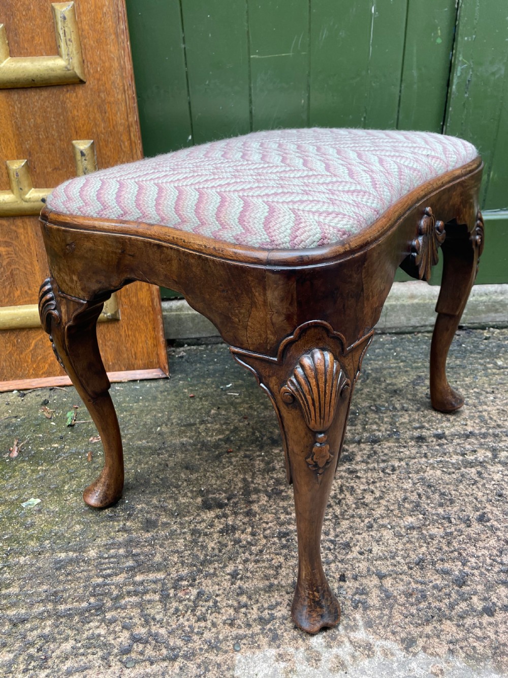 Early C20th Queen Anne period revival carved walnut stool on cabriole legs . View XIII